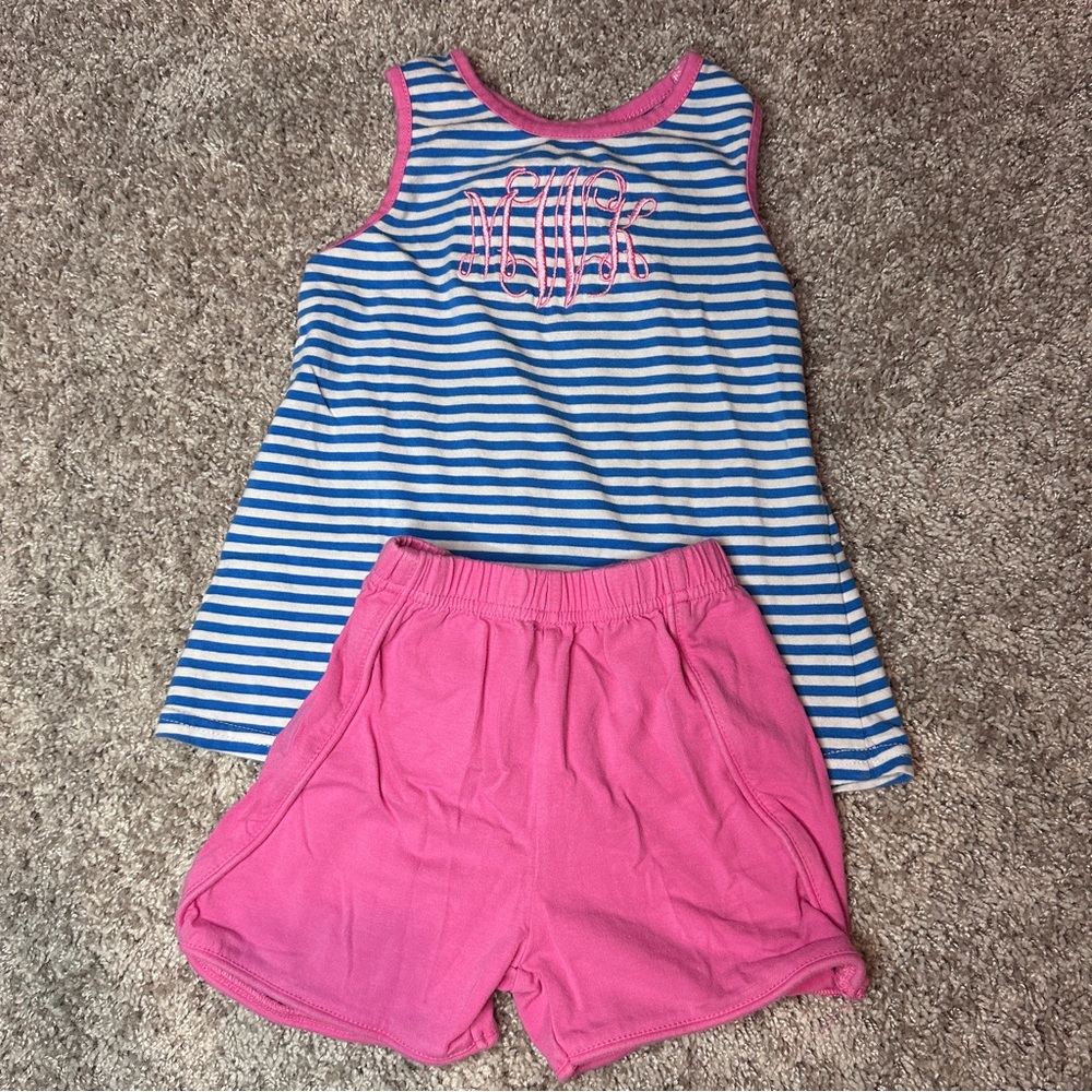 Monogram mWk- Jellybean Abby Bow back tank shorts set - blue/white stripe & pink